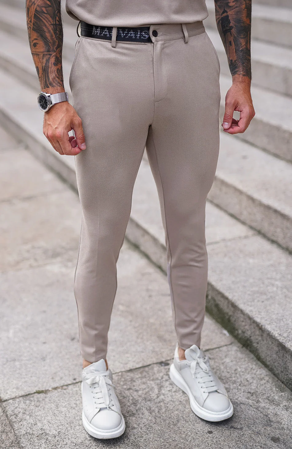 Monaco Pants with Half Belt in Beige