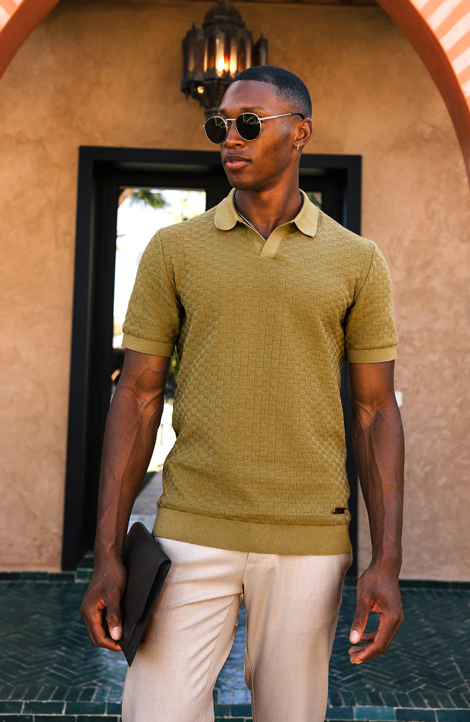 Nerano Slim Knit Polo in Olive - Image 3