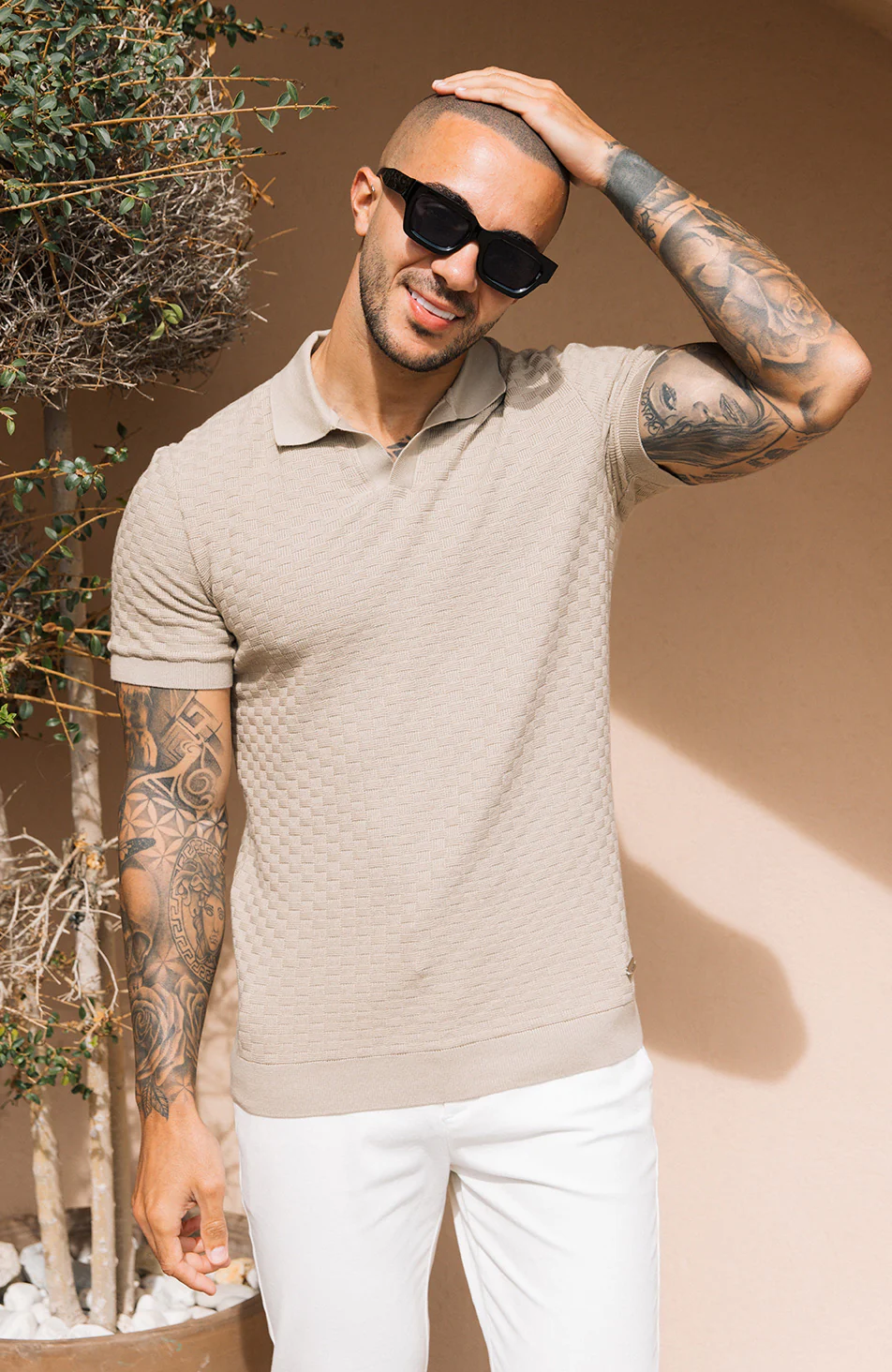 Nerano Slim Knit Polo in Taupe - Image 4
