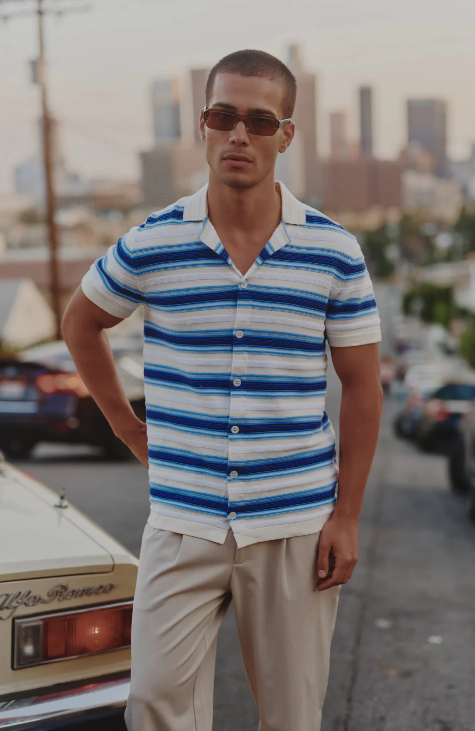 Ombre Short Sleeve Stripe Knitted Shirt in Blue - Image 3