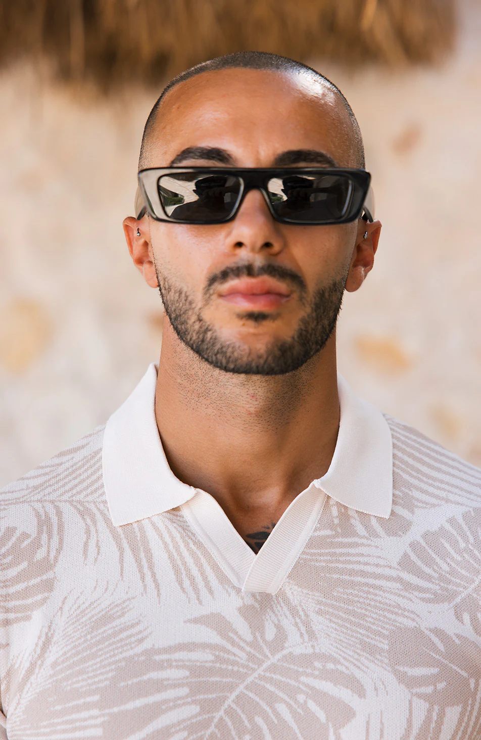 Palmas Jacquard Leaf Knit Polo in Beige - Image 3