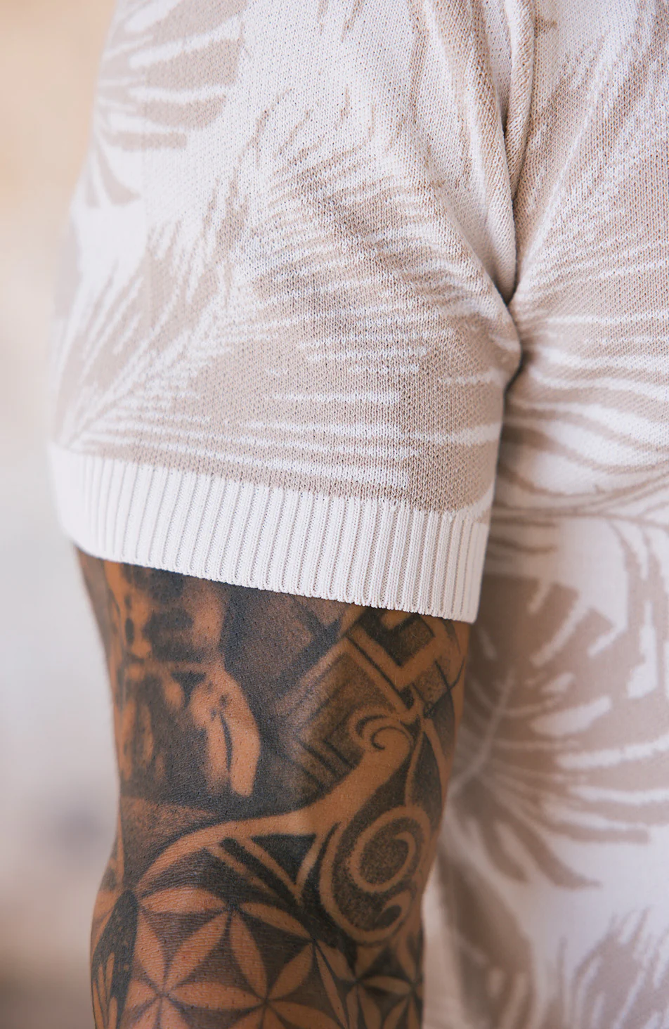 Palmas Jacquard Leaf Knit Polo in Beige - Image 4