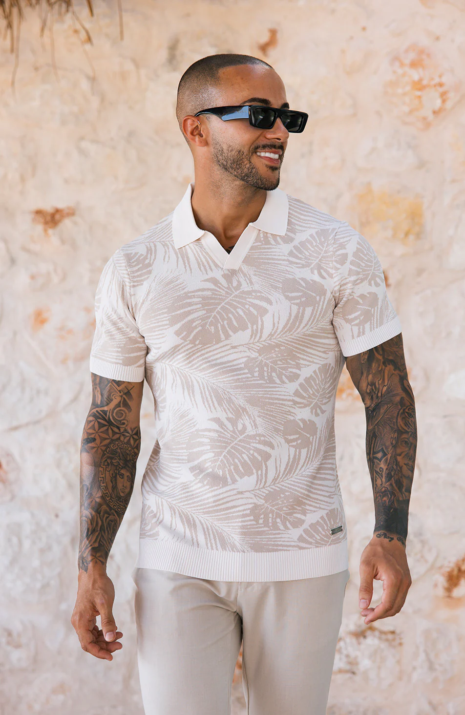 Palmas Jacquard Leaf Knit Polo in Beige - Image 6
