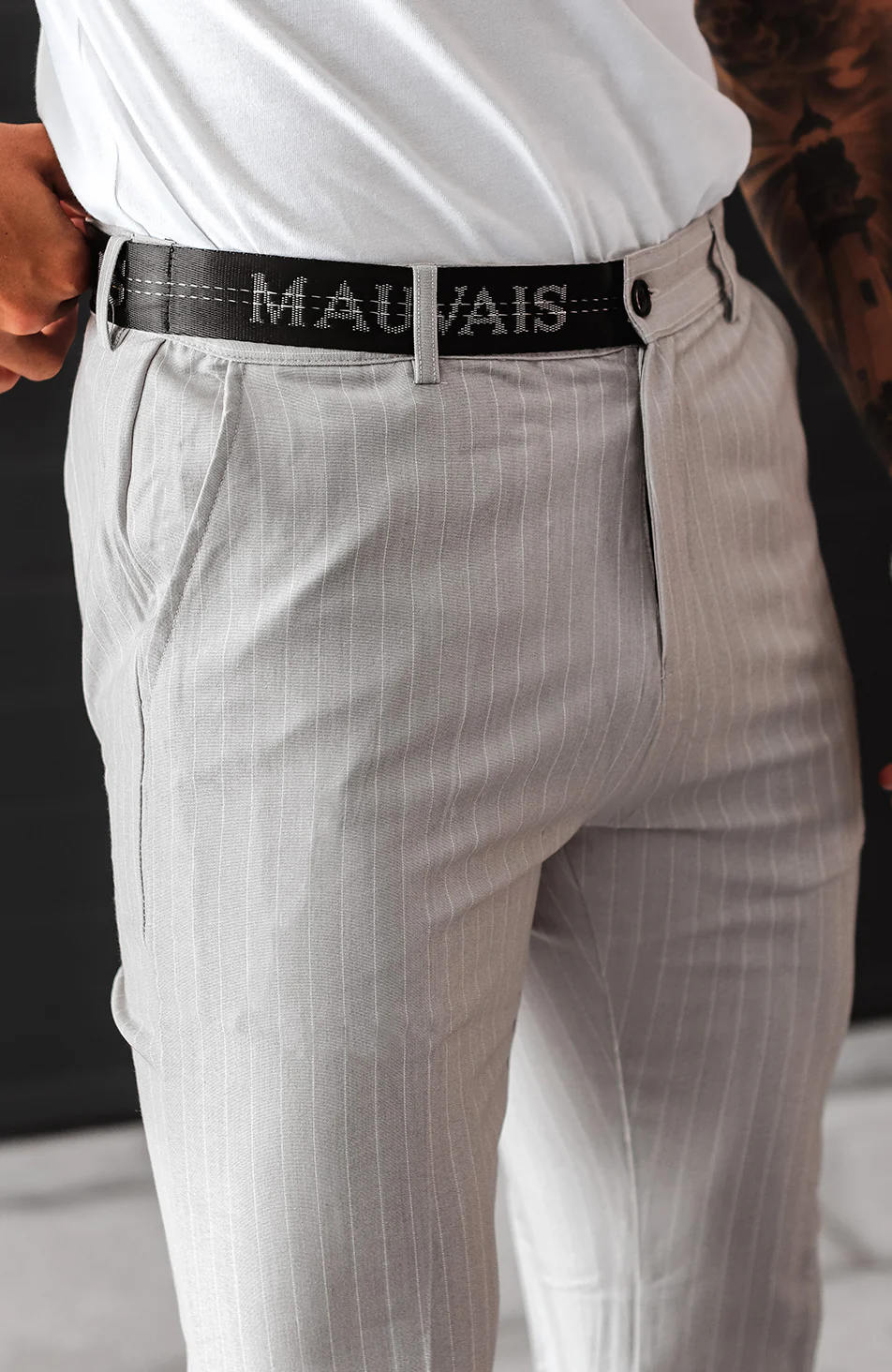 Pinstripe Pants with Half Belt in Grey - Image 3