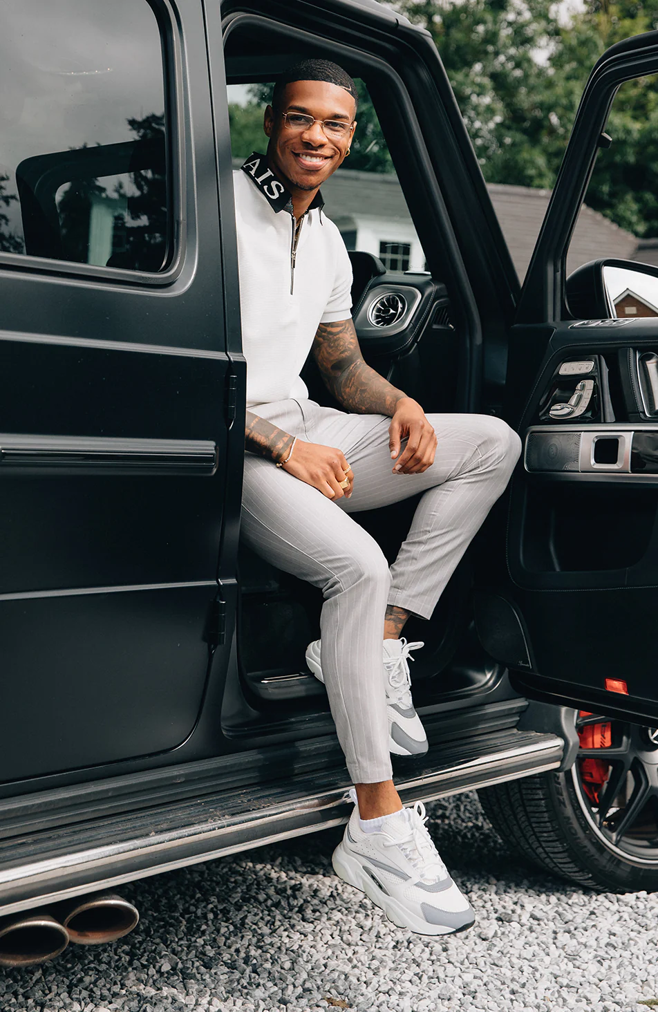 Pinstripe Pants with Half Belt in Grey - Image 4