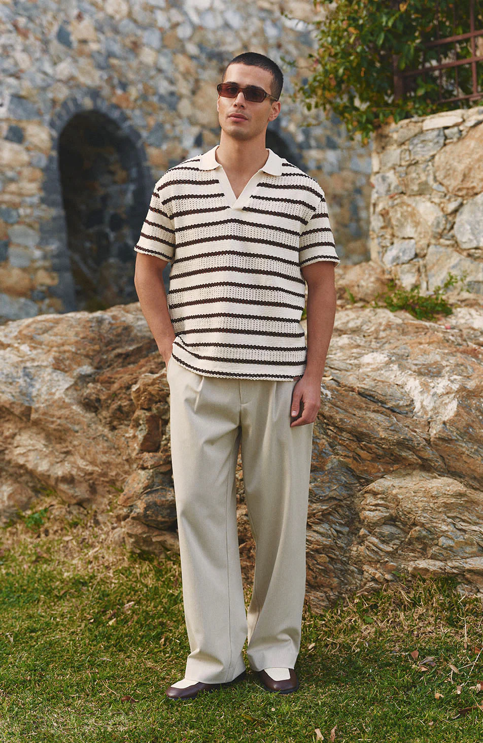 Romano Boxy Stripe Polo in Beige and Brown - Image 3