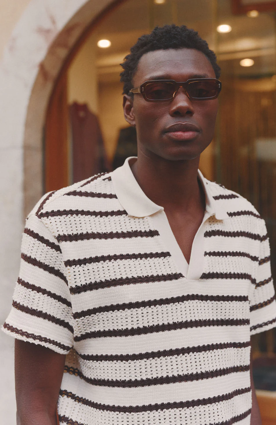 Romano Boxy Stripe Polo in Beige and Brown - Image 4