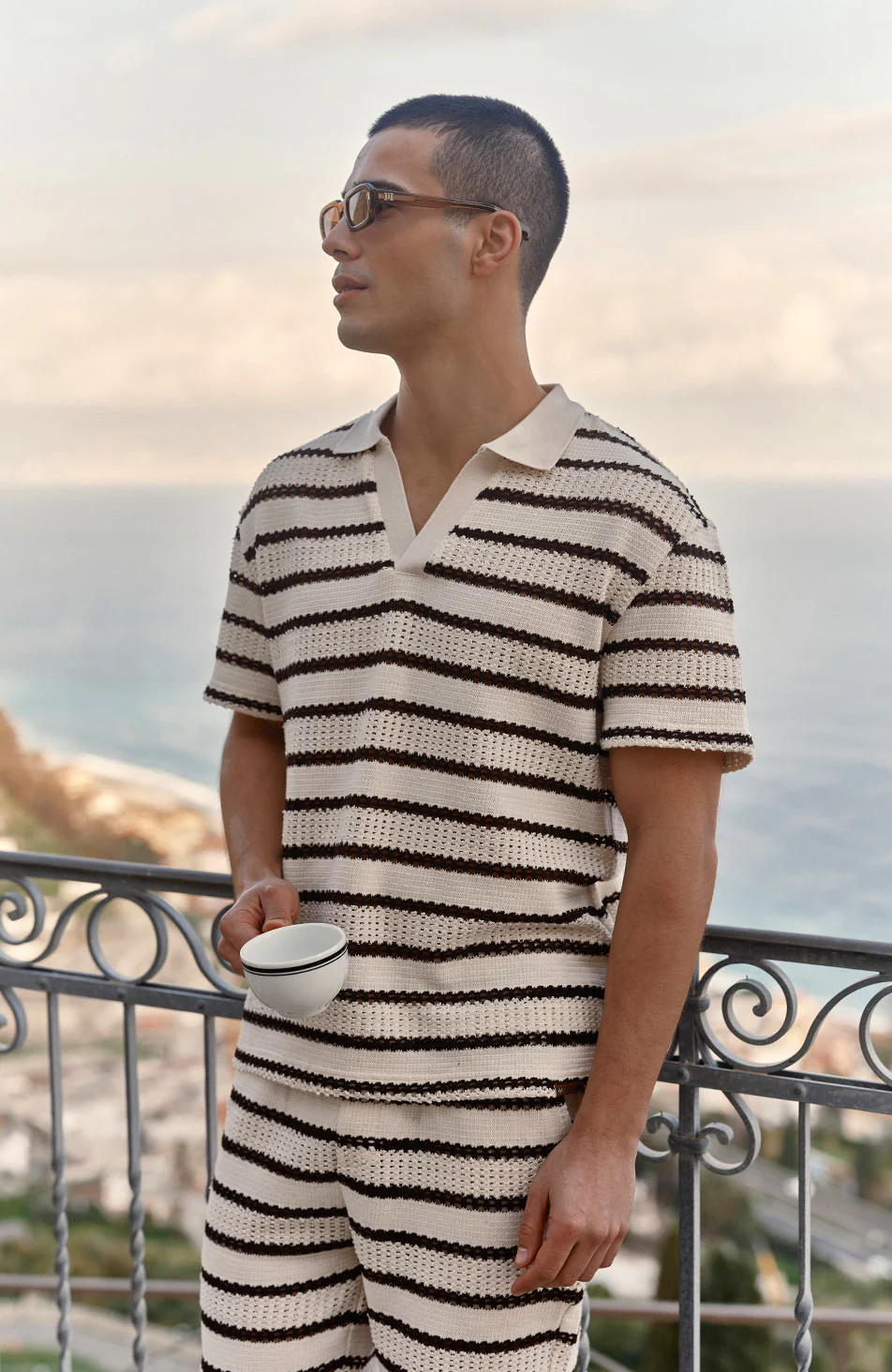 Romano Boxy Stripe Polo in Beige and Brown - Image 6