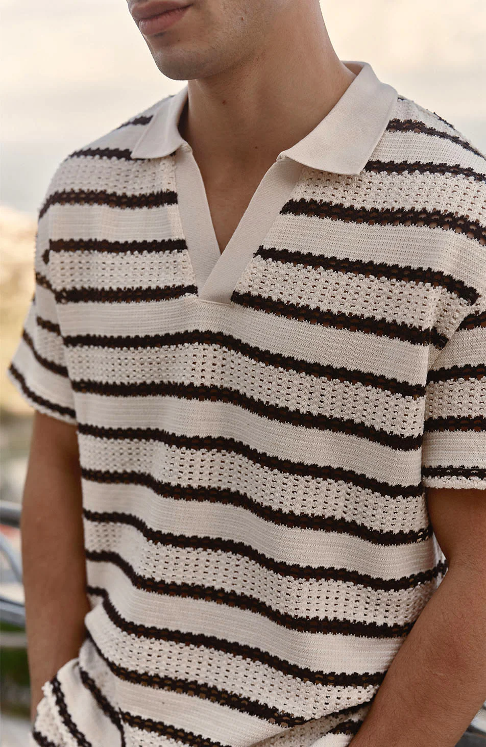 Romano Boxy Stripe Polo in Beige and Brown - Image 7