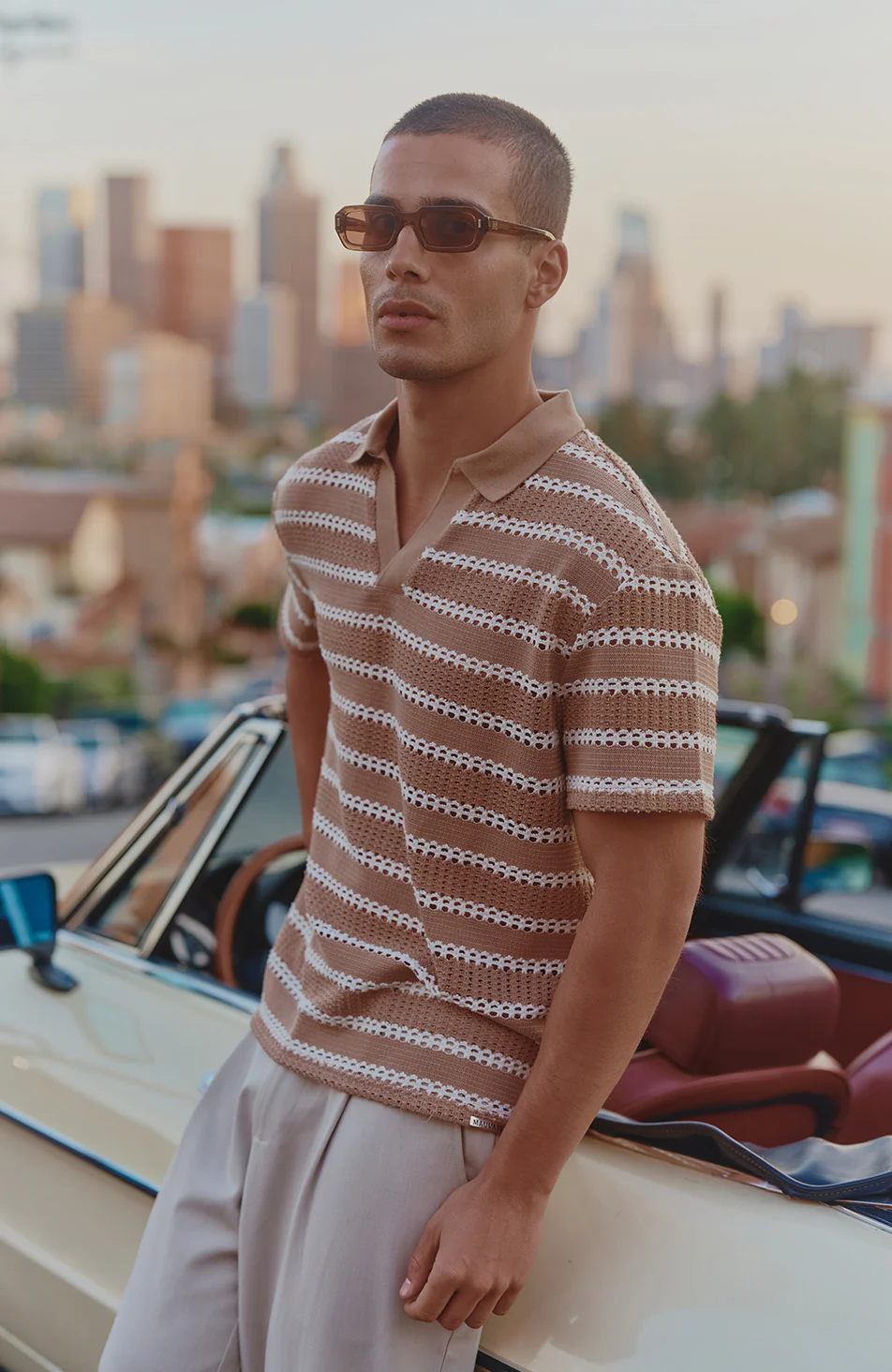 Romano Boxy Stripe Polo in Taupe - Image 4