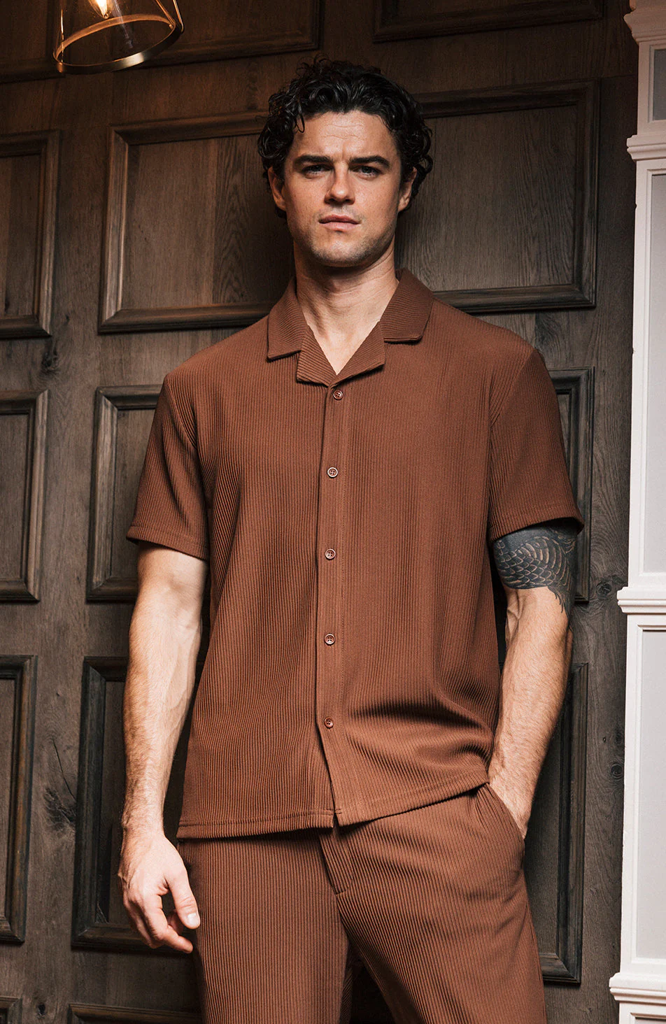 Rustique Oversized Luxe Rib Revere Shirt in Rust - Image 3