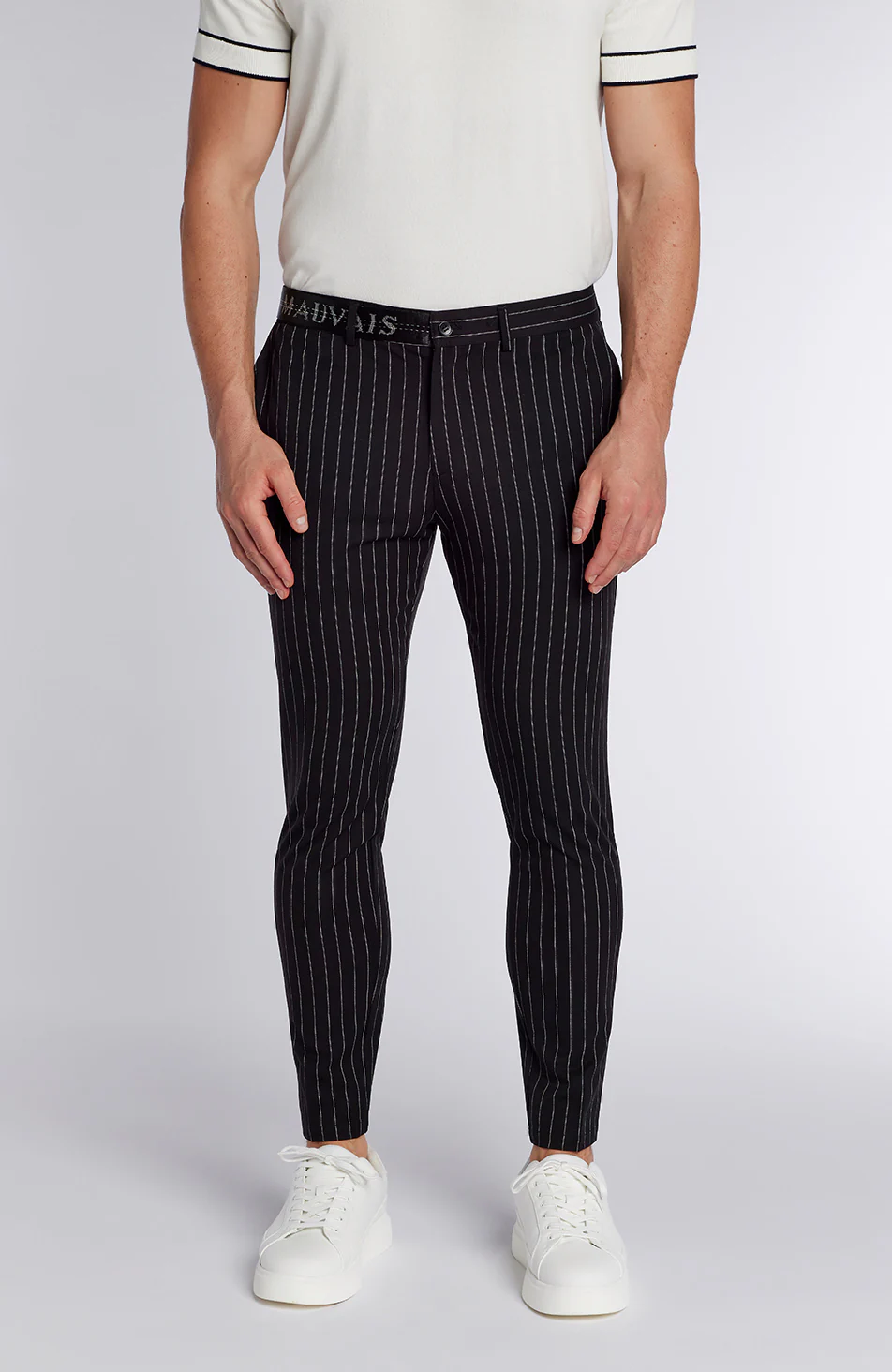 Signature Half Belt Pants in Black Pinstripe - Image 3