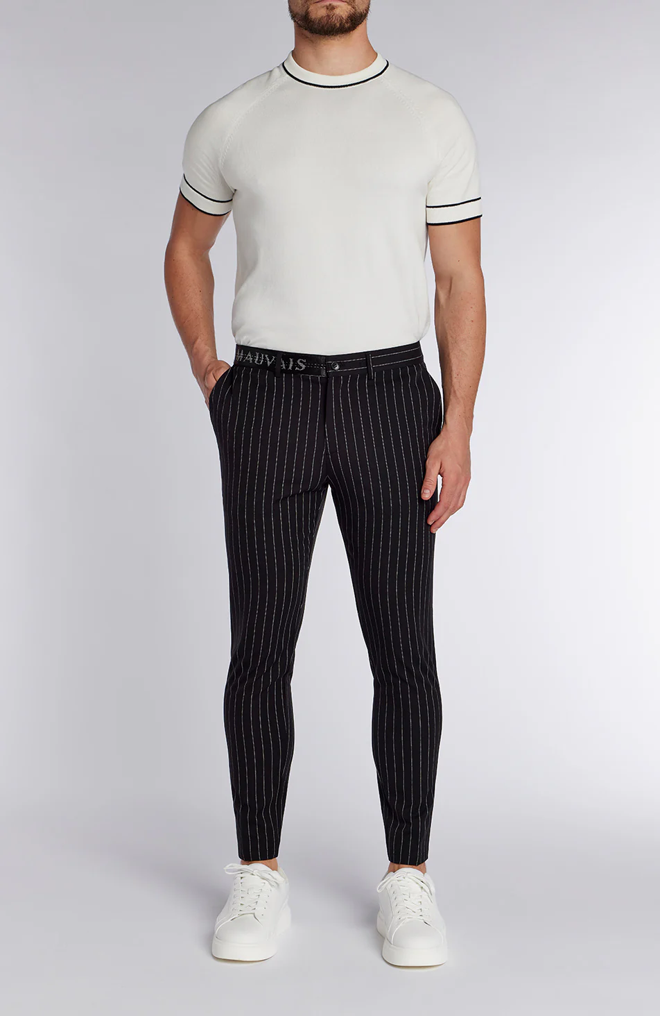 Signature Half Belt Pants in Black Pinstripe - Image 4