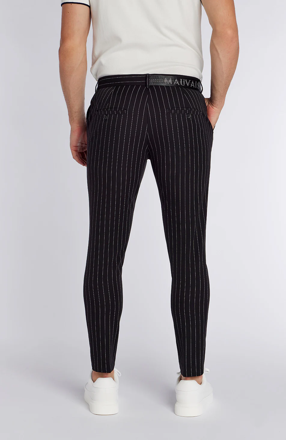 Signature Half Belt Pants in Black Pinstripe - Image 6