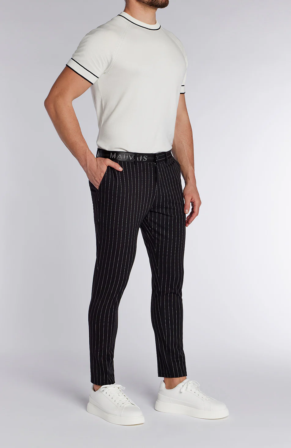 Signature Half Belt Pants in Black Pinstripe - Image 7