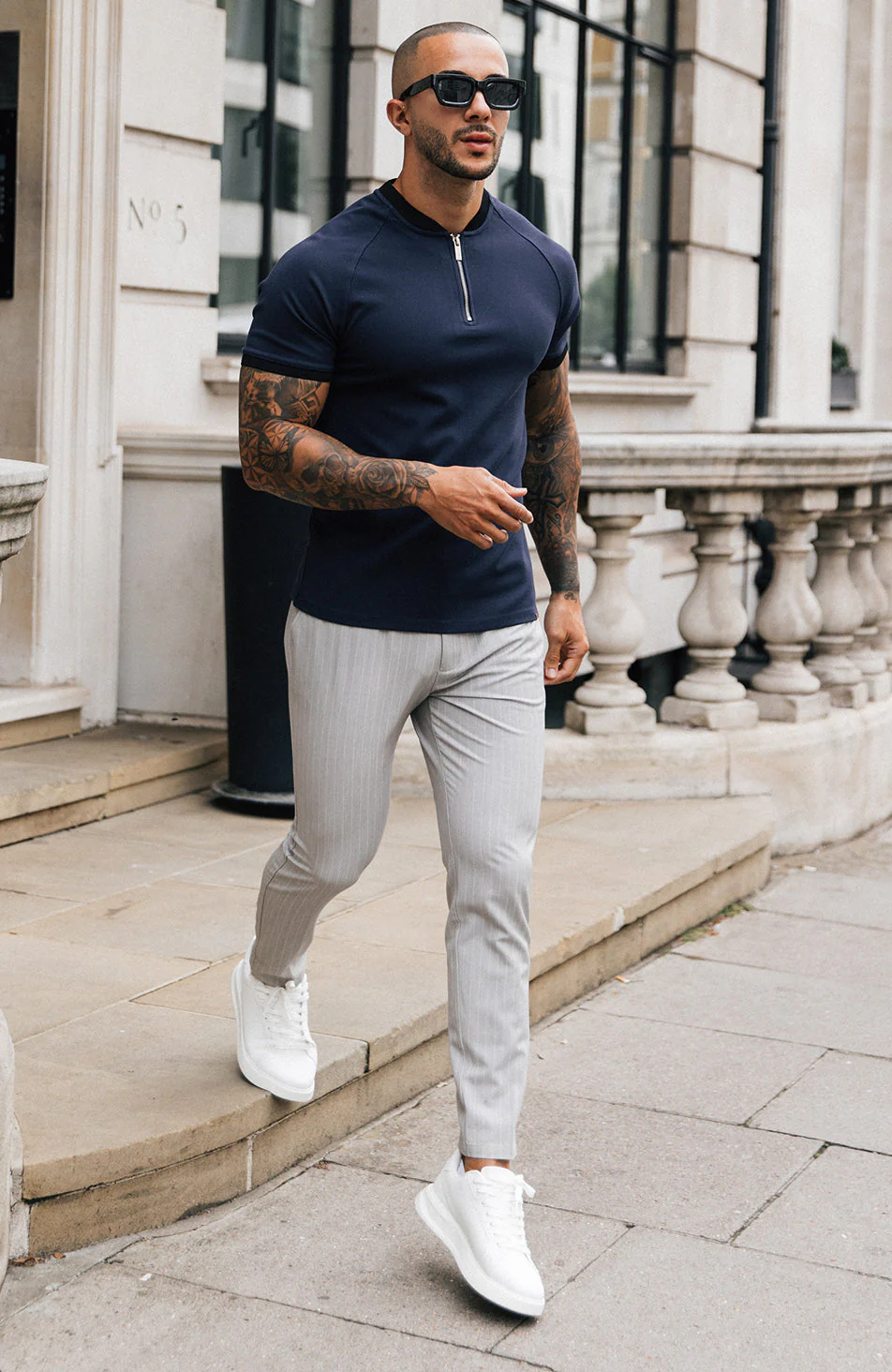 Signature Half Belt Pants in Grey Pinstripe - Image 3