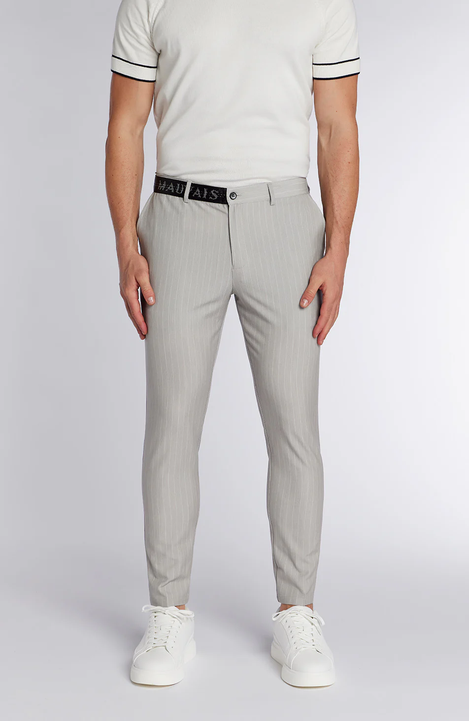 Signature Half Belt Pants in Grey Pinstripe - Image 4