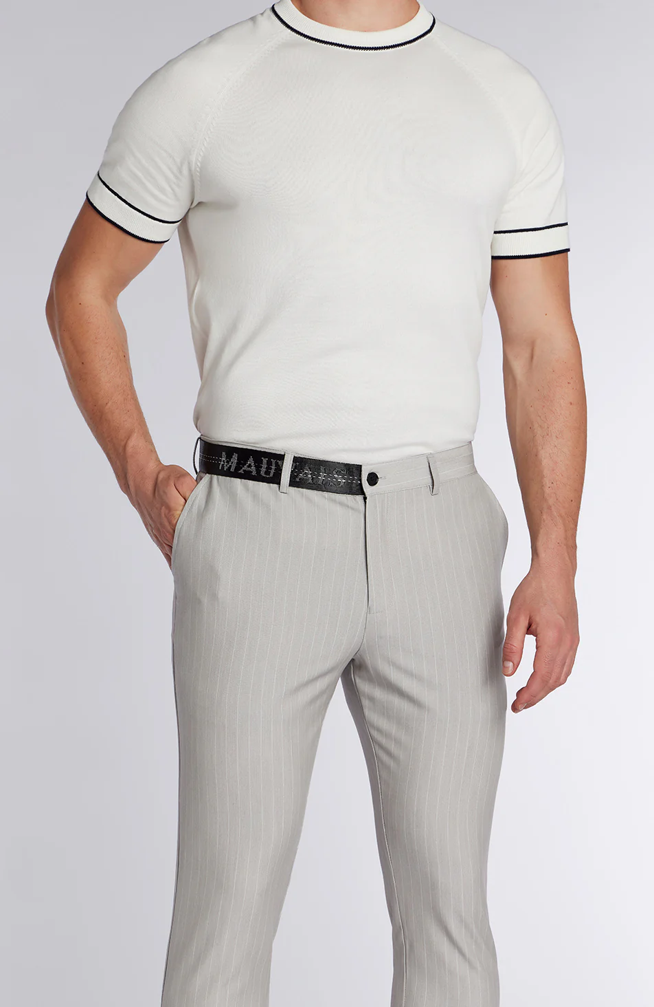 Signature Half Belt Pants in Grey Pinstripe - Image 5
