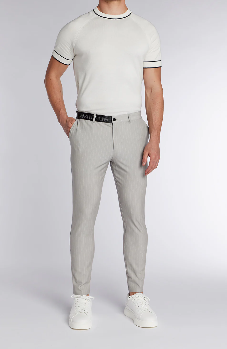 Signature Half Belt Pants in Grey Pinstripe - Image 6