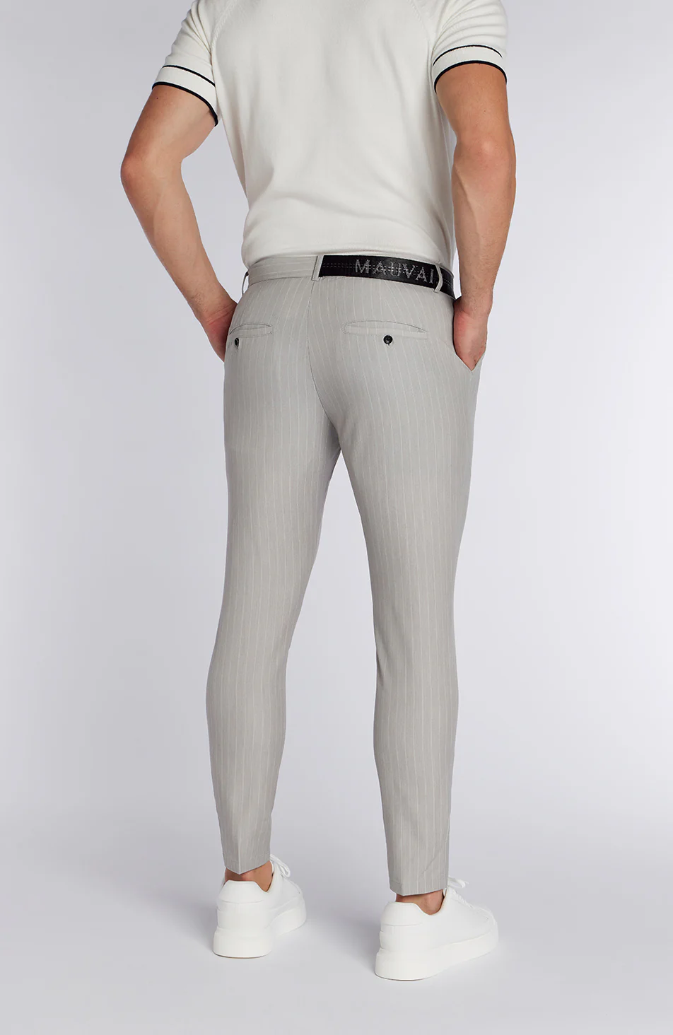 Signature Half Belt Pants in Grey Pinstripe - Image 7