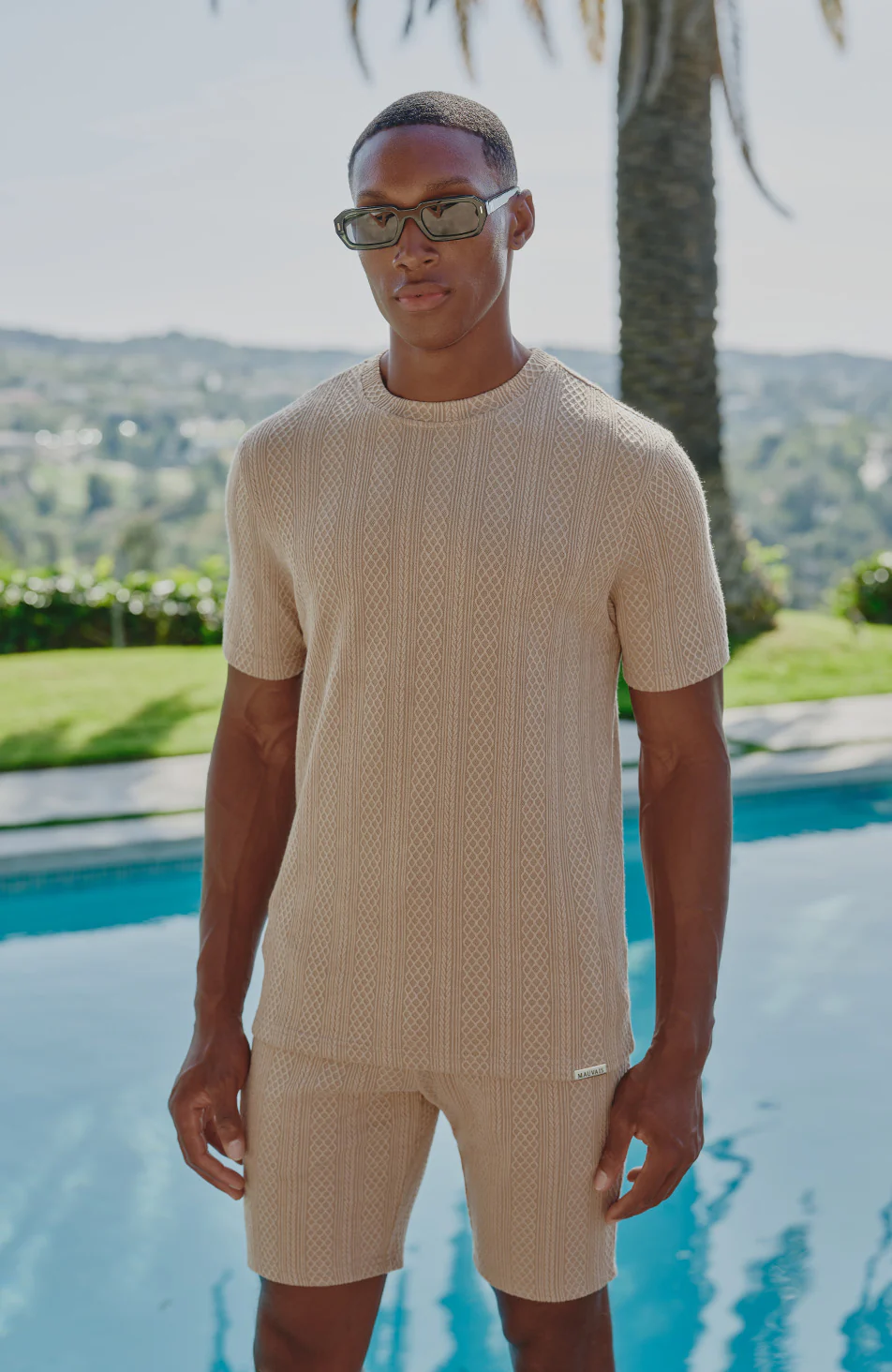 Tanami Textured Stretch Slim Shorts in Beige - Image 2