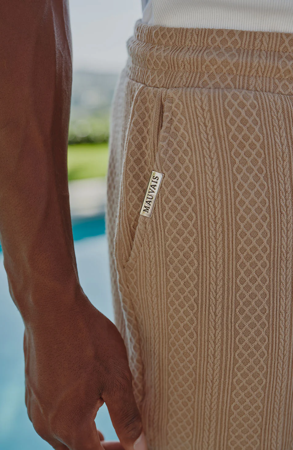 Tanami Textured Stretch Slim Shorts in Beige - Image 3