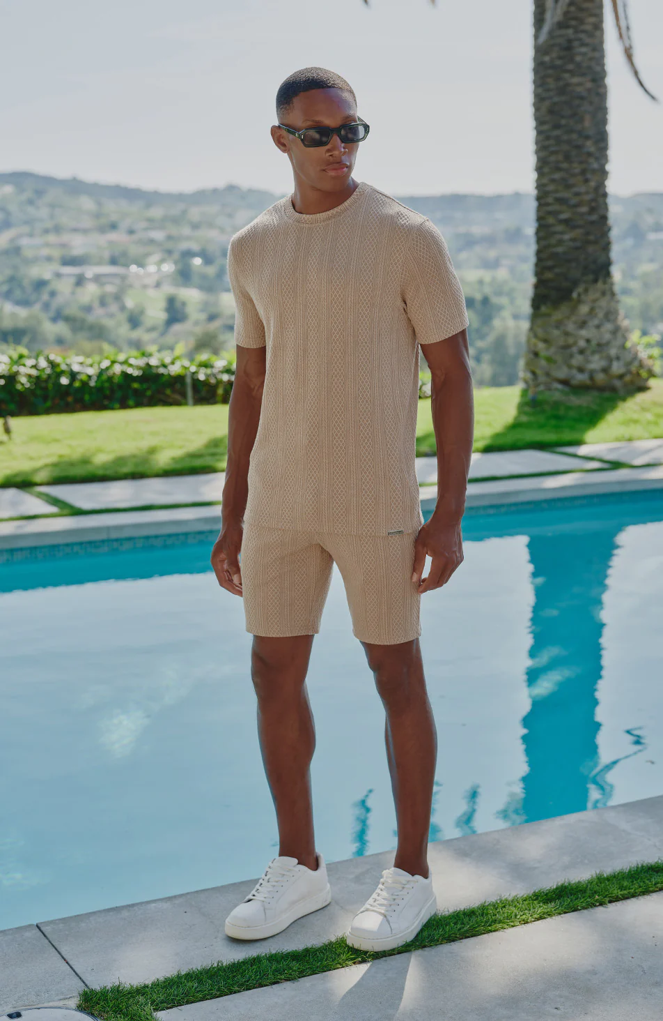 Tanami Textured Stretch Slim Shorts in Beige - Image 5