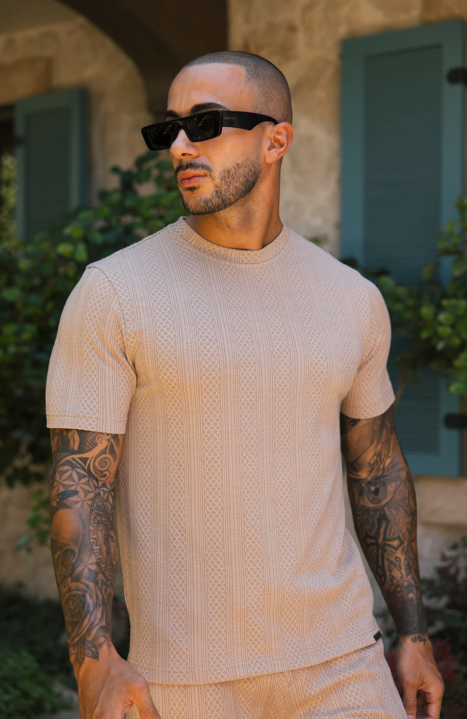 Tanami Textured Stretch Slim Tee in Beige - Image 4