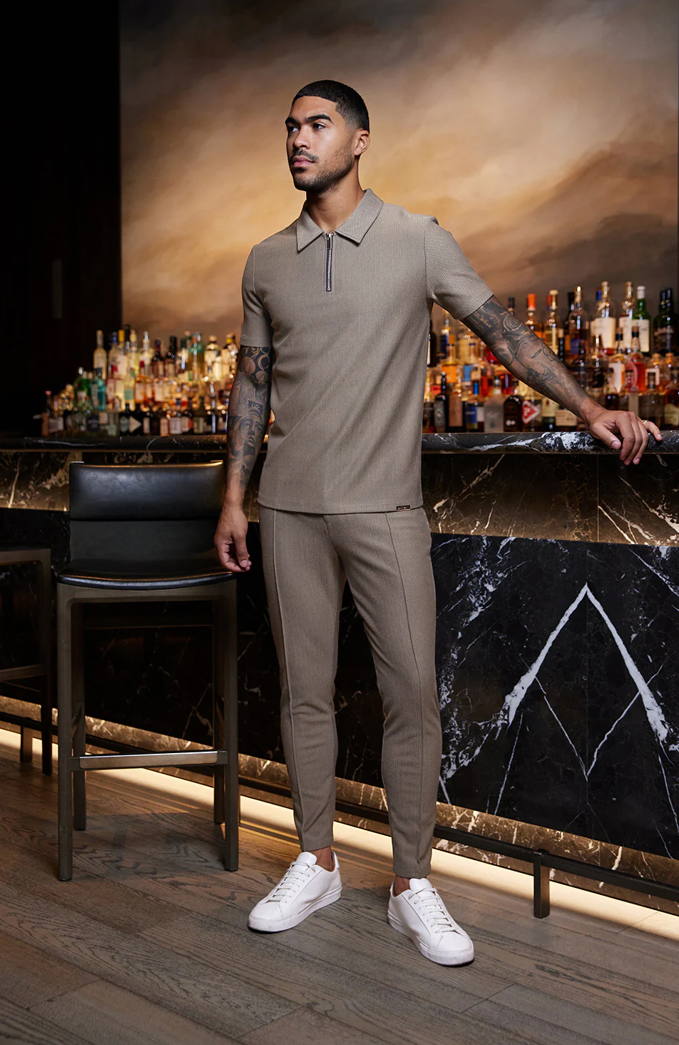 Tormore Geo Textured Zipped Polo in Taupe - Image 2