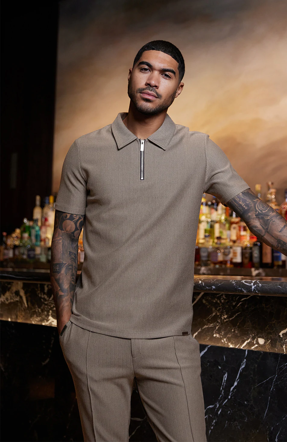 Tormore Geo Textured Zipped Polo in Taupe - Image 5