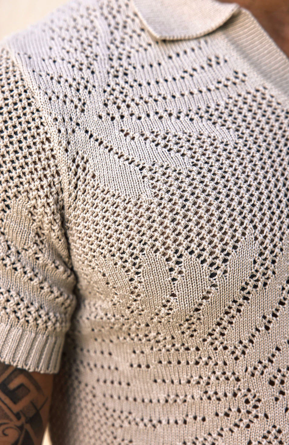 Tropics Relaxed Fit Crochet Knit Polo in Beige - Image 3