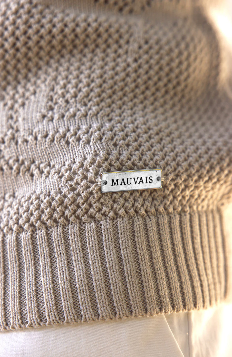 Tropics Relaxed Fit Crochet Knit Polo in Beige - Image 4