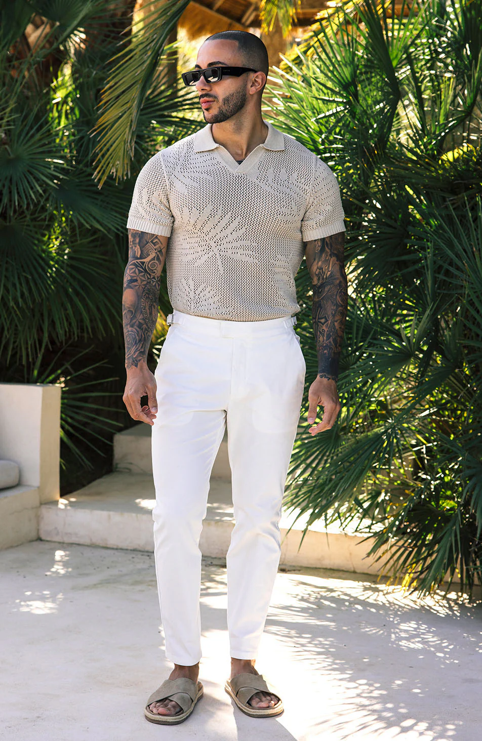 Tropics Relaxed Fit Crochet Knit Polo in Beige - Image 5