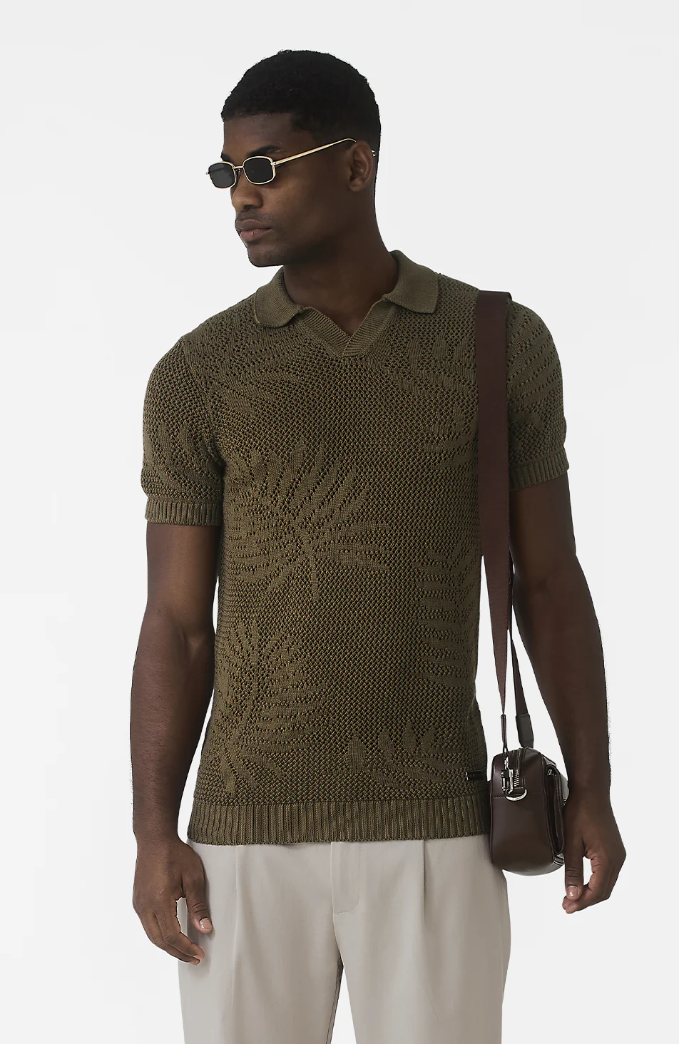 Tropics Relaxed Fit Crochet Knit Polo in Green - Image 8