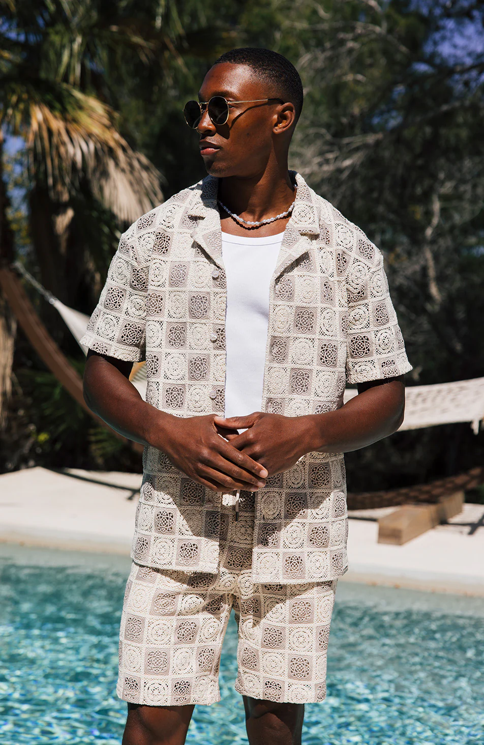Tulum Checked Crochet Relaxed Fit Lined Shorts in Beige - Image 5