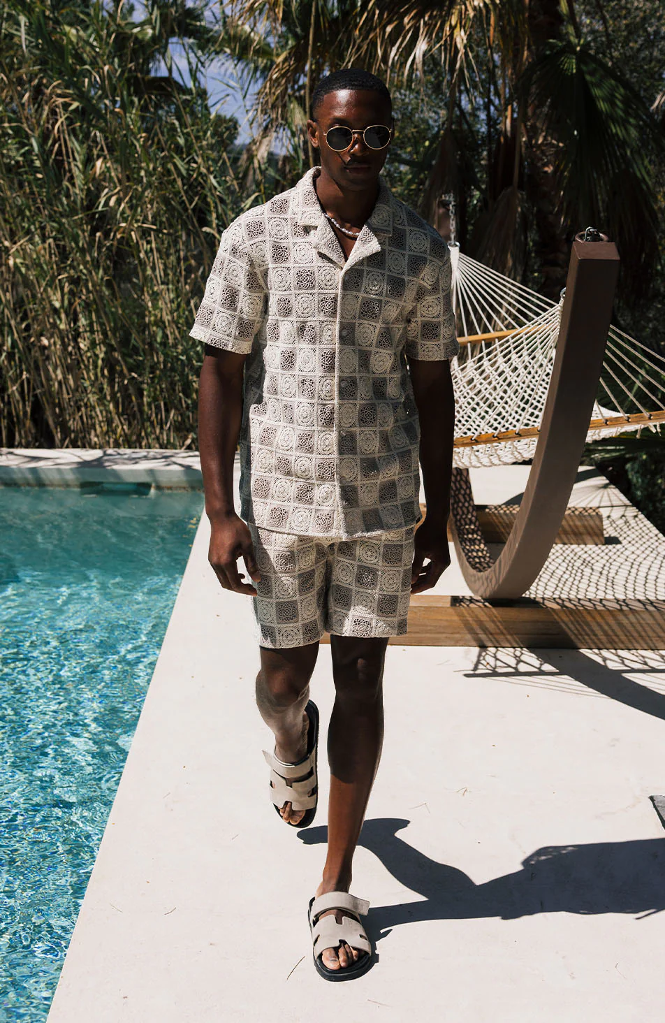 Tulum Checked Crochet Relaxed Fit Lined Shorts in Beige - Image 6