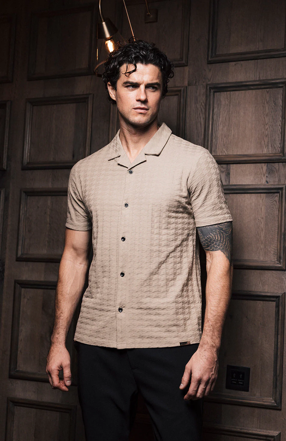 Vincent Slim Grid Shirt in Champagne Dogtooth - Image 3
