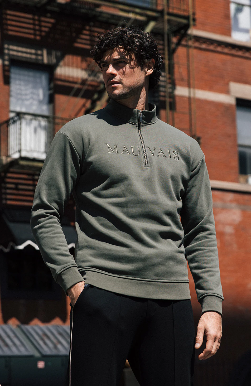 Volonte Regular Quarter Zip Sweatshirt in Khaki - Image 4