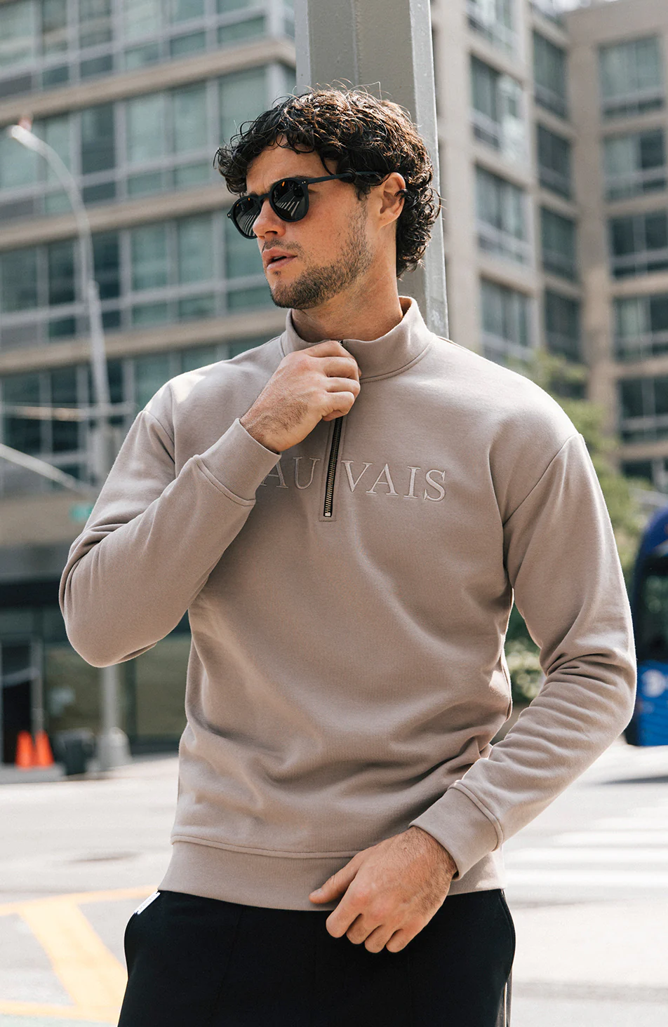 Volonte Regular Quarter Zip Sweatshirt in Stone - Image 4