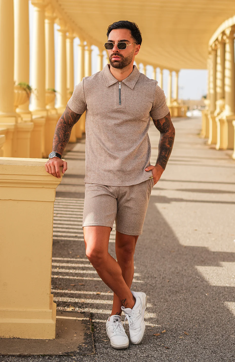 Zig Zag Slim Shorts in Taupe - Image 2